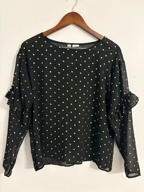 Black Sheer Blouse with Gold Polka Dots and Ruffle Sleeve Detail